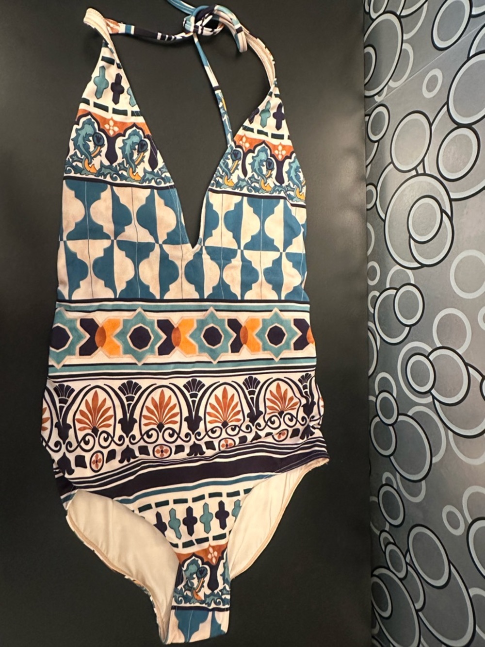 LA DoubleJ Cream, Blue and Orange Woman’s One-Piece Halter Swimsuit. 
NWT size M